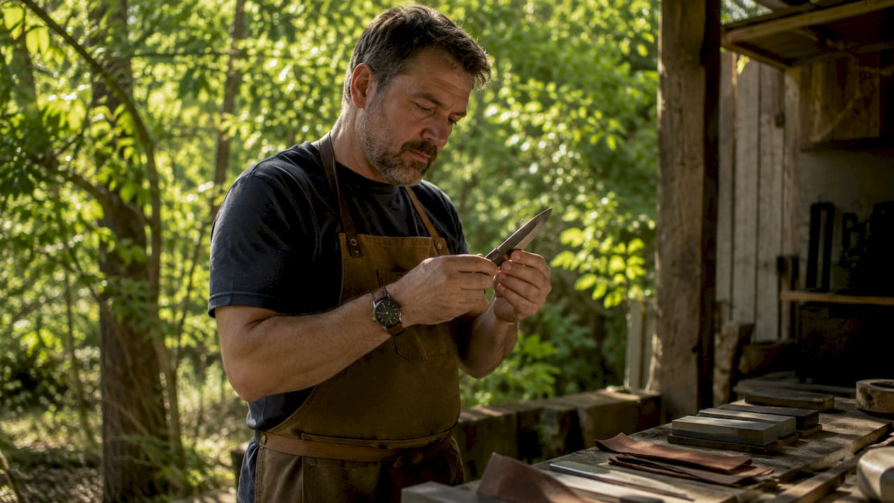 Artisan examining hand-ground knife blade in workshop