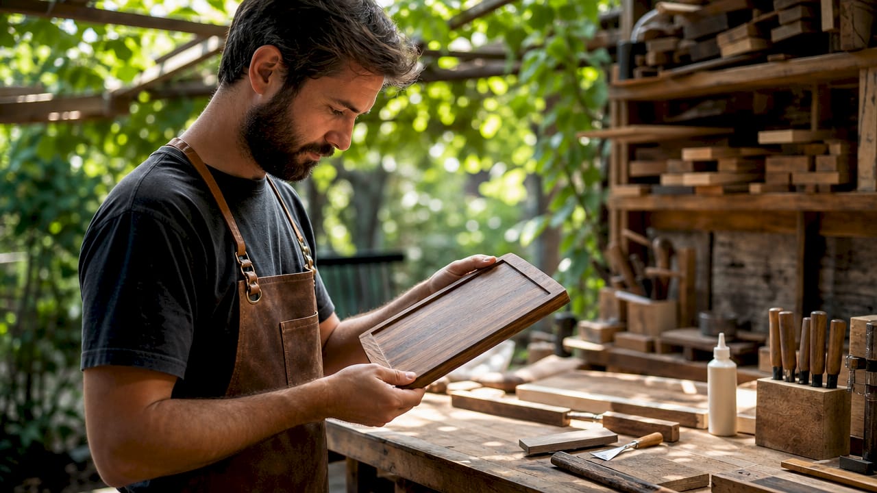 Craftsman inspecting laser-engraved cutting board