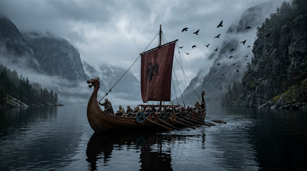 Viking longship with red sail and warriors rowing in a misty fjord